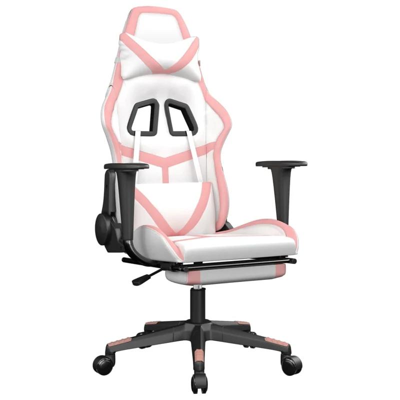 Fauteuil de bureau chaise gaming sur roulettes avec repose-pied en PVC blanc et rose DEC025743