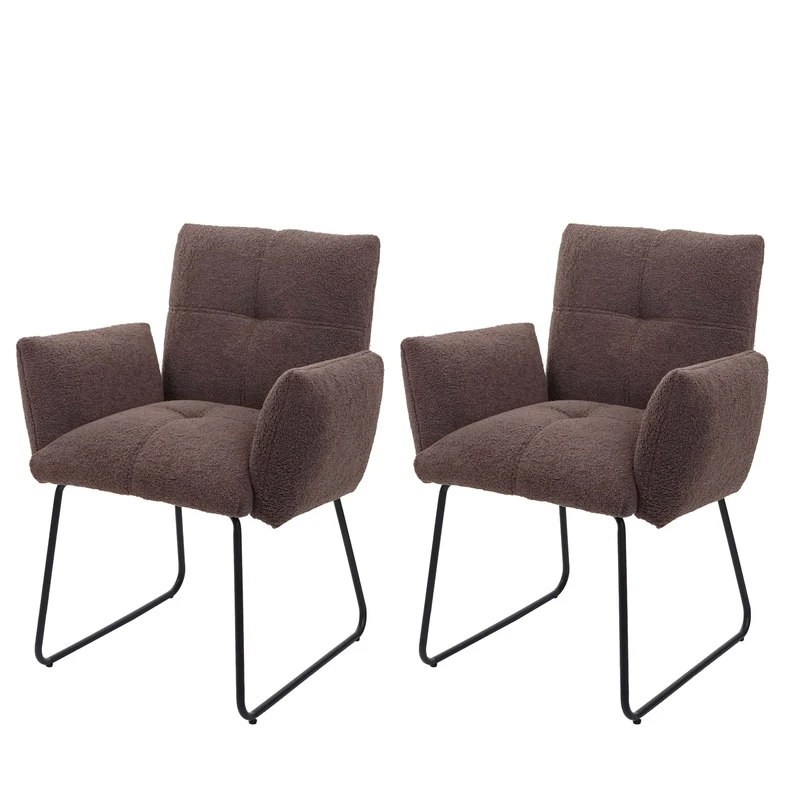 Lot de 2 chaises de salle à manger rembourrée avec accoudoirs en tissu bouclé marron 04_0007368