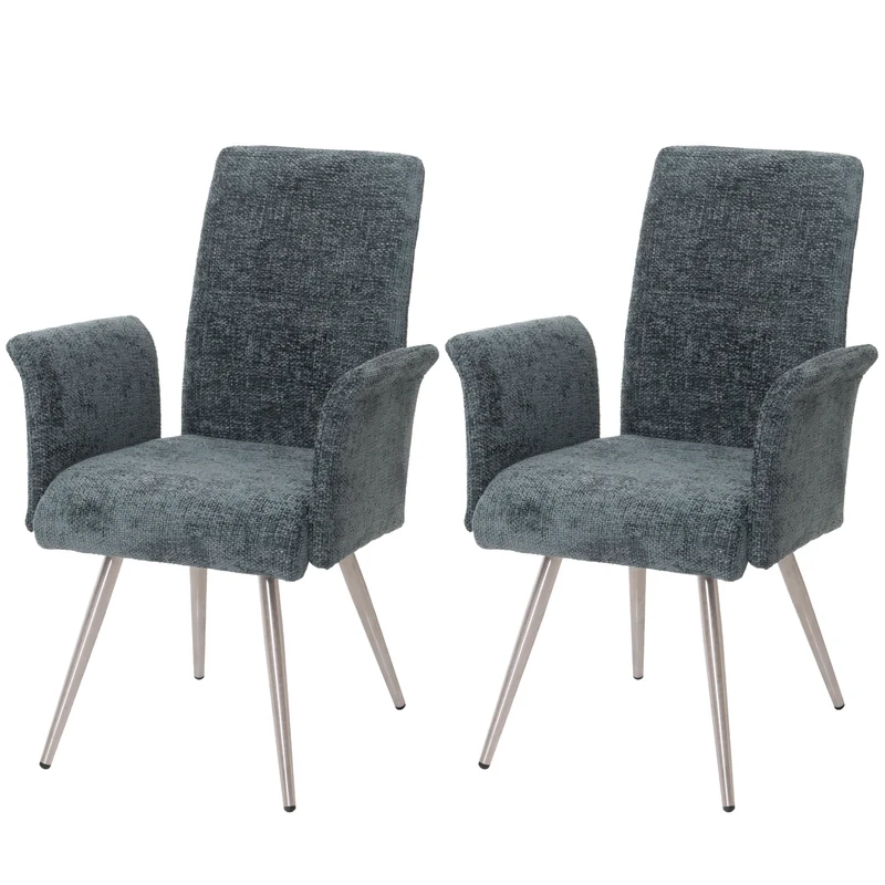 Lot de 2 chaises de salle à manger avec accoudoirs en acier inoxydable brossé et tissu chenille bleu-vert 04_0007309