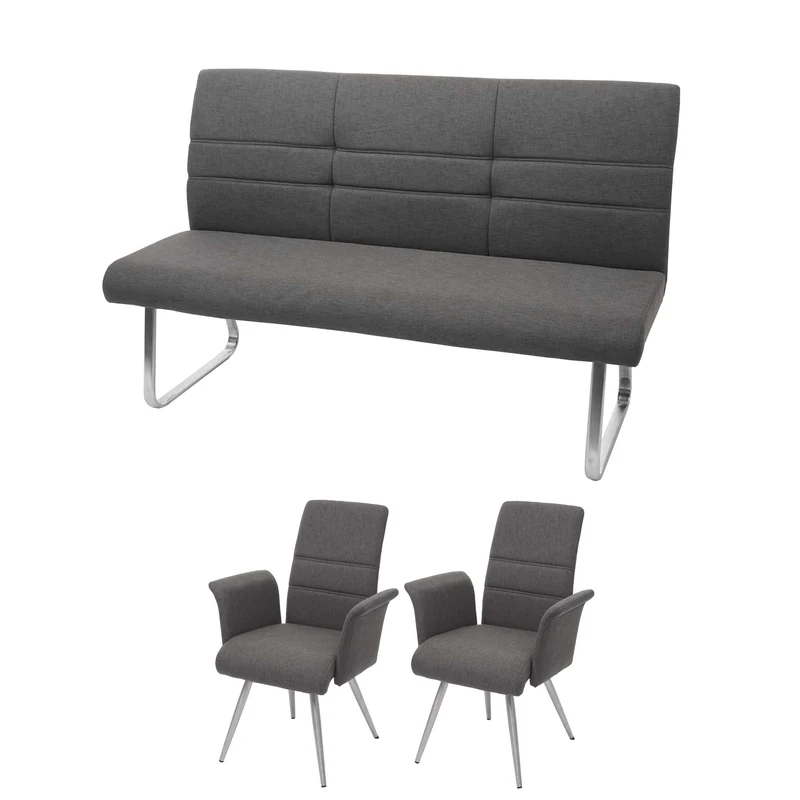 Lot de 2 chaises de salle à manger avec accoudoirs + banc 180 cm en tissu gris-marron acier inoxydable 04_0007486