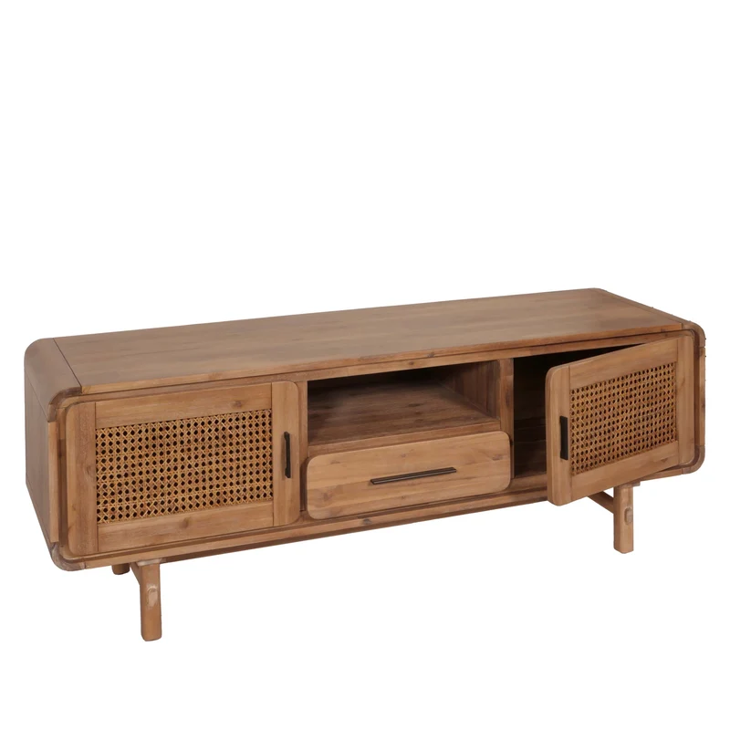 Meuble TV avec tiroir et trois compartiments de rangement en bois d'acacia MDF et rotin couleur teck 160 cm 04_0007867