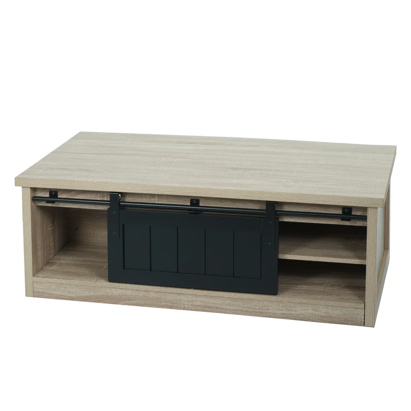 Table basse table d'appoint avec porte coulissante 6 compartiments de rangement aspect bois métal 44x120x60 cm 04_0008435