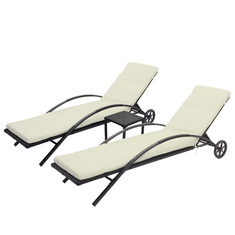 Ensemble de 2 chaises longues de jardin transat bain de soleil avec petite table en polyrotin noir coussins beige 04_0002961