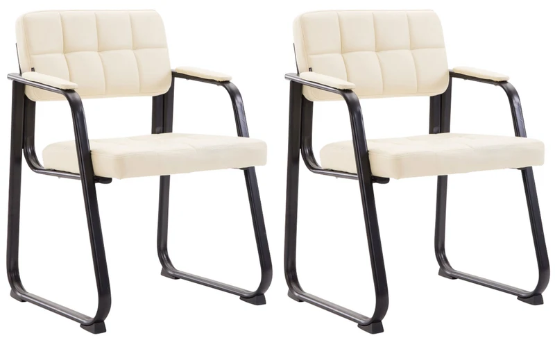 Lot de 2 chaises de bureau visiteur avec accoudoirs assise en PVC crème cadre métal noir 10_0003108