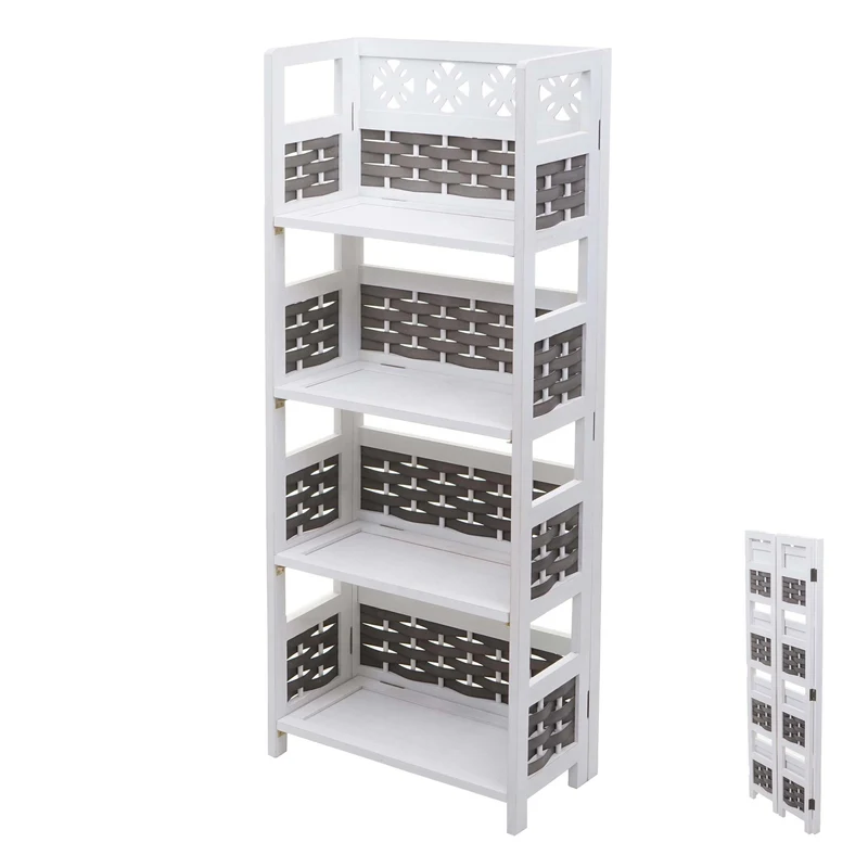 Étagère sur pied étagère de salon pliable 4 niveaux 110cm en bois et polyrotin blanc et gris 04_0006785