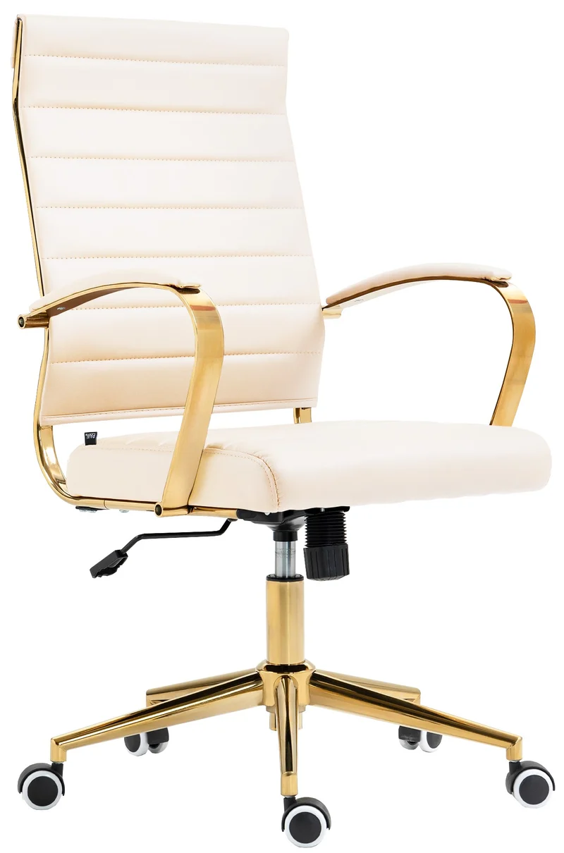 Fauteuil de bureau design chic dossier ergonomique en similicuir crème cadre métal doré BUR10711