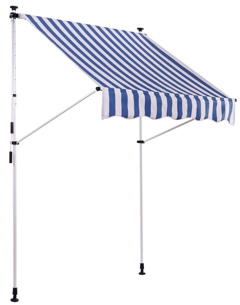 Store banne terrasse auvent à pince avec pied réglable installation sans perçage largeur 350 cm tube en acier tissu blanc / bleu 10_0002973