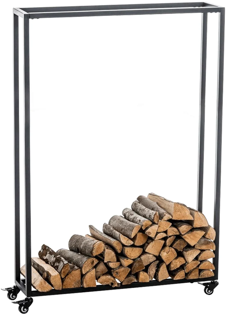 Range-bûches étagère support bois de cheminée sur roulettes 150x80x25 cm en métal noir 10_0003533