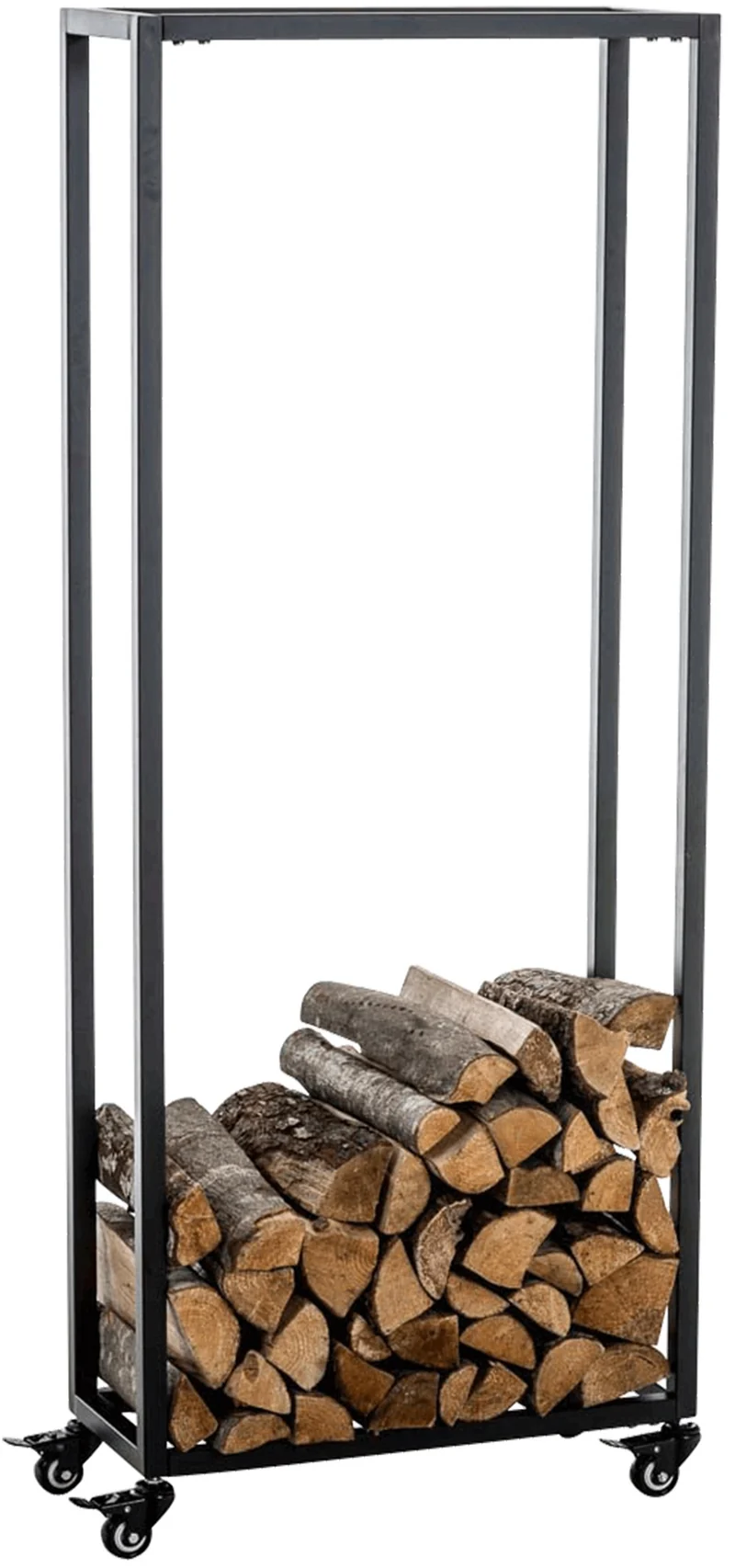 Range-bûches étagère support bois de cheminée sur roulettes 150x40x25 cm en métal noir 10_0003529