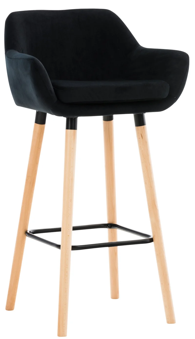 Tabouret de bar lounge x1 design scandinave assise en velours noir pieds en bois repose-pieds en métal 10_0004914
