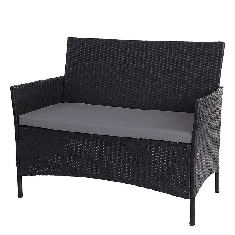 Banc de jardin banquette en polyrotin anthracite chiné avec coussin gris MDJ04133
