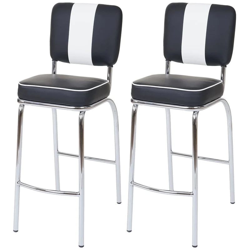 Set de 2 tabourets de bar en synthétique noir et blanc et métal design rétro TDB04025