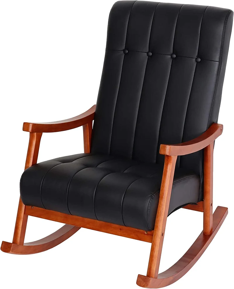 Fauteuil à bascule rocking chair relax avec accoudoirs en synthétique noir cadre aspect noyer FAB04033