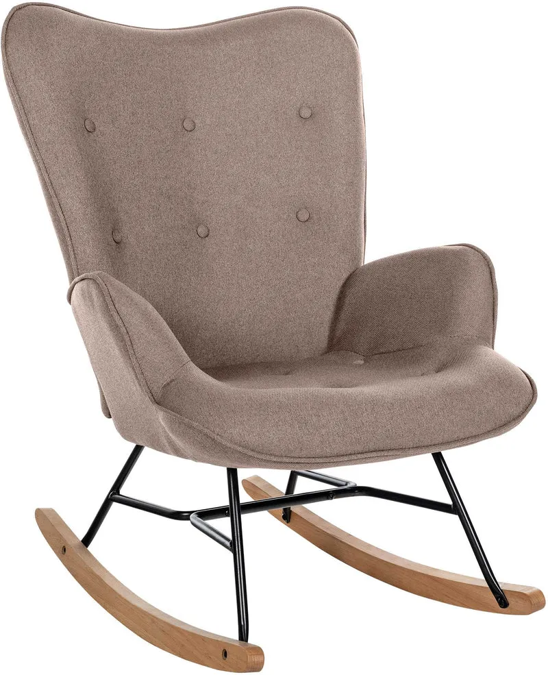 Fauteuil à bascule rocking chair en tissu taupe capitonné cadre en métal et patins en bois 10_0003808