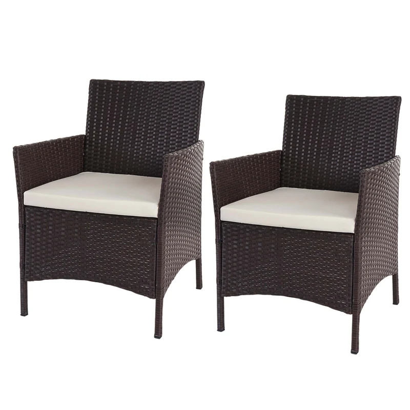 2x fauteuils chaises de jardin en polyrotin marron coussins crème 04_0000470