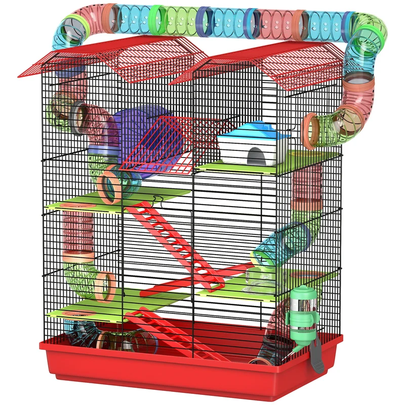 Cage pour hamsters et souris multi étages 47 x 30 x 59 cm espace de jeu accès facile style contemporain en métal rouge 21_0007909