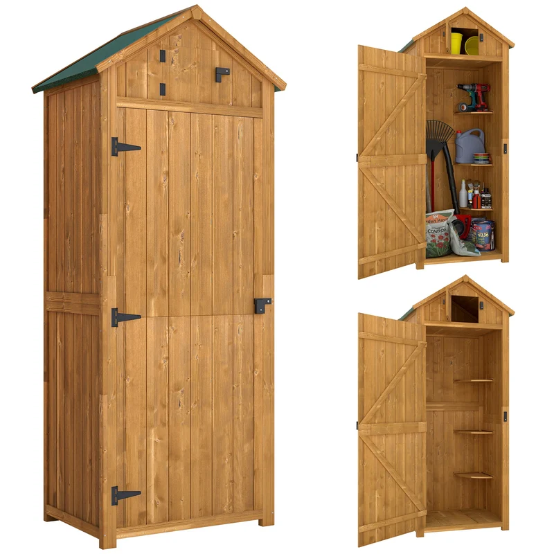 Armoire de jardin chalet 77 x 54 x 179 cm 3 étagères portes verrouillables usage extérieur style rustique en bois jaune 21_0004086