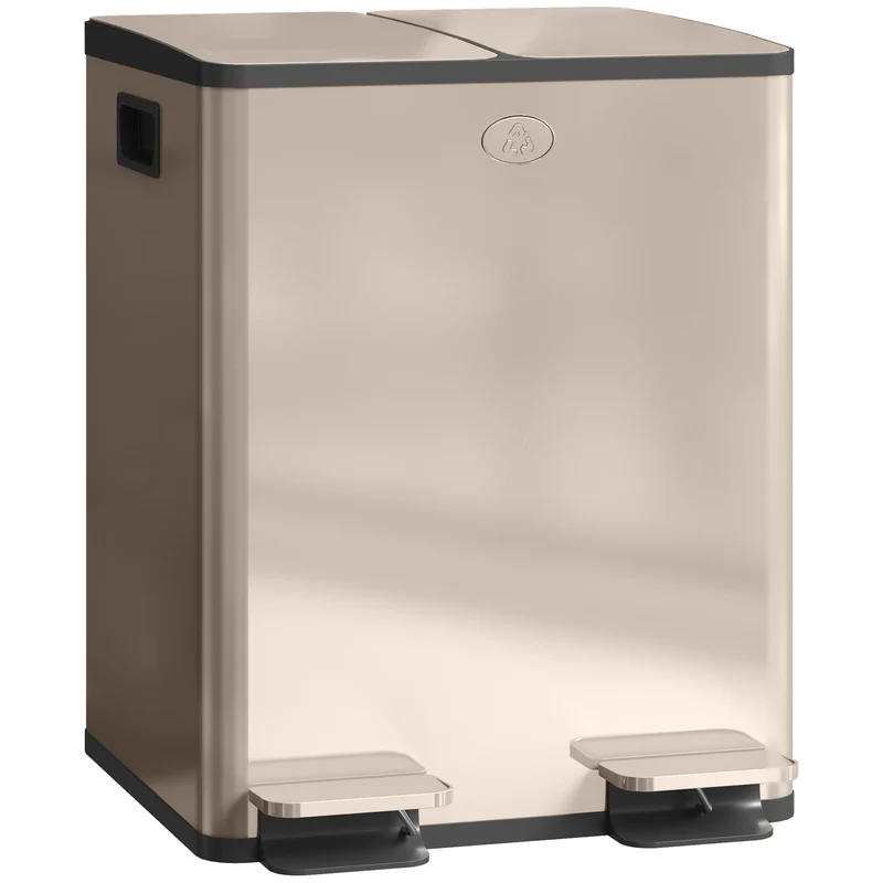 Poubelle de cuisine 2 compartiments tri sélectif 46 x 36 x 52 cm fermeture douce moderne épuré en acier inoxydable or 21_0005904