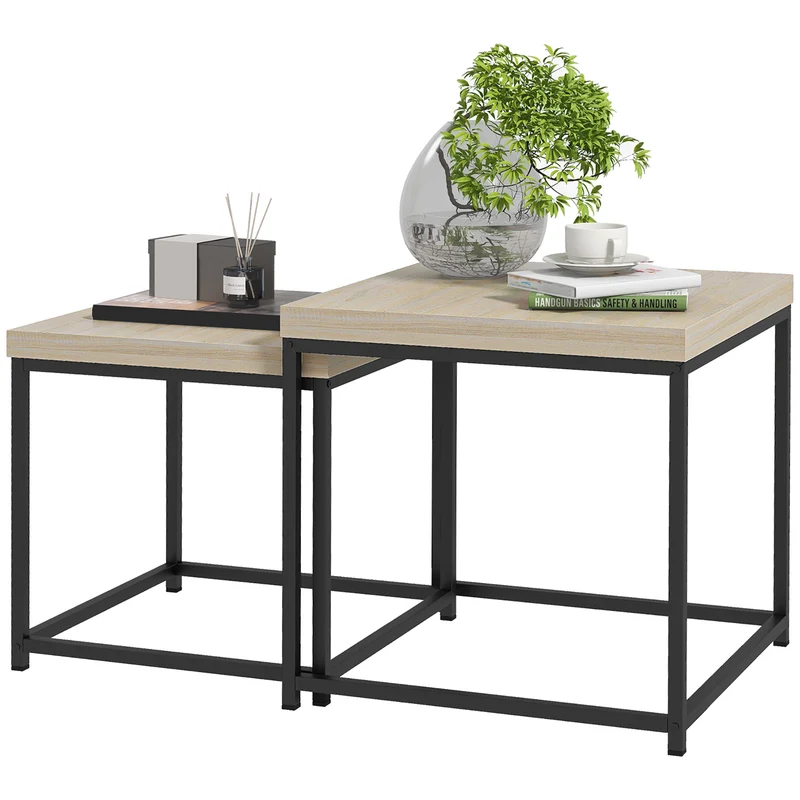 Lot de 2 tables gigognes carrées salon 45 x 45 x 45 cm encastrables modulables moderne en panneaux de particules naturel 21_0003157