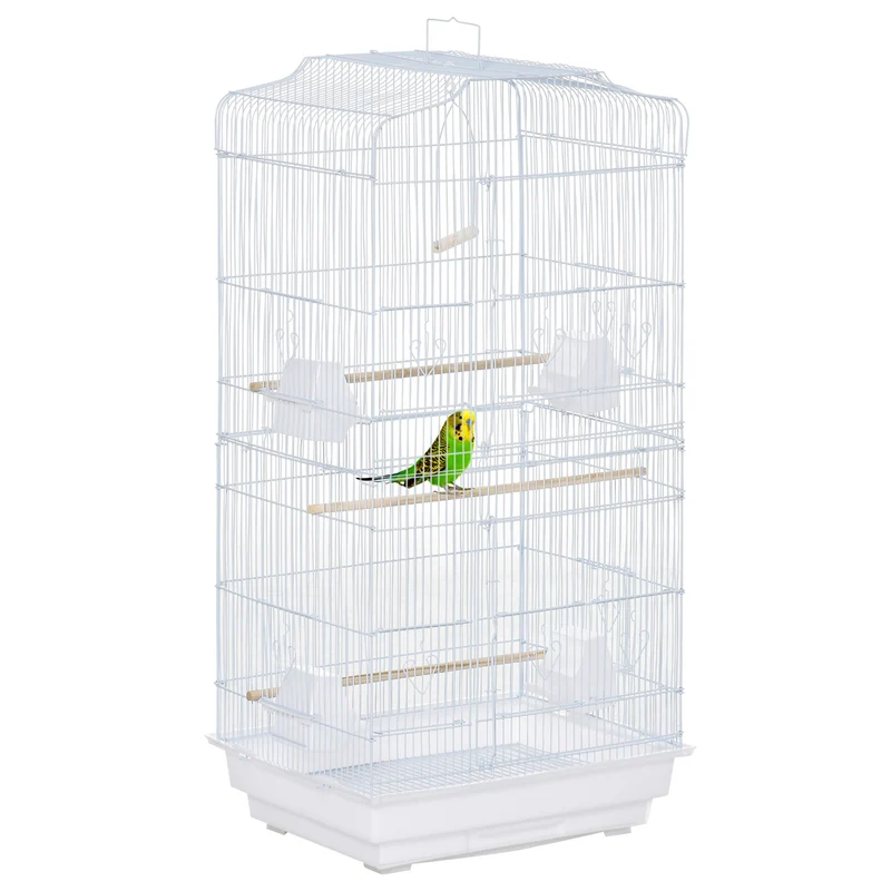 Cage volière suspendue oiseaux 46.5 x 35.5 x 92 cm avec mangeoires perchoirs plateau amovible moderne en métal blanc 21_0007557