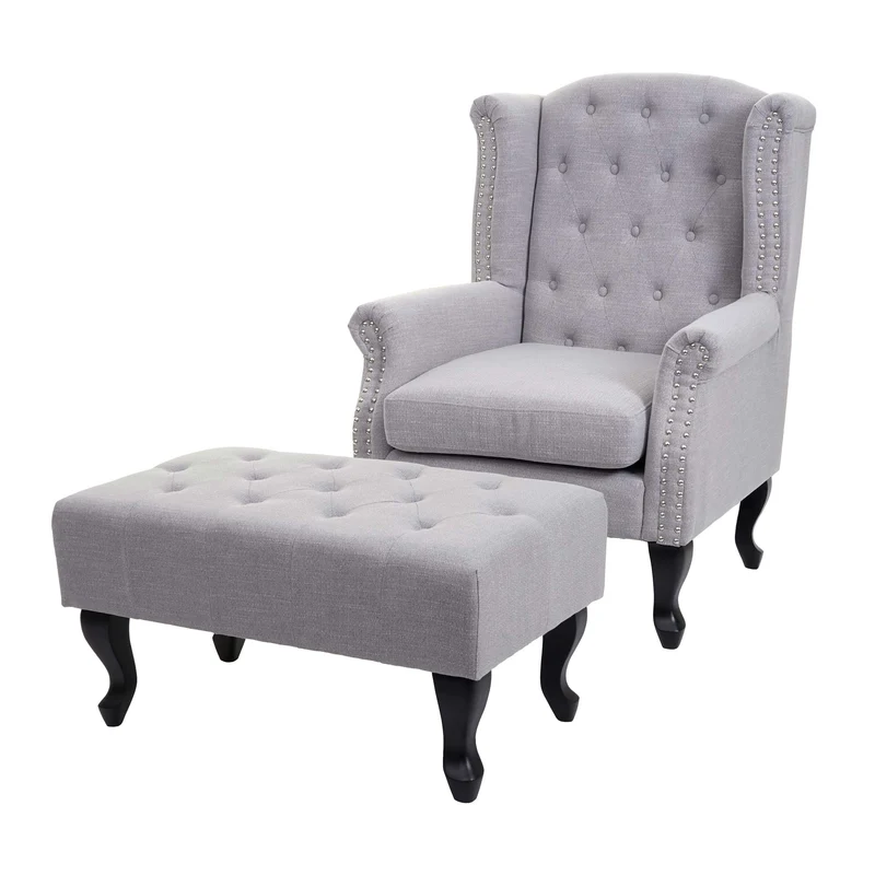 Fauteuil Chesterfield relaxation fauteuil club en tissu/textile gris avec repose-pieds 04_0003082