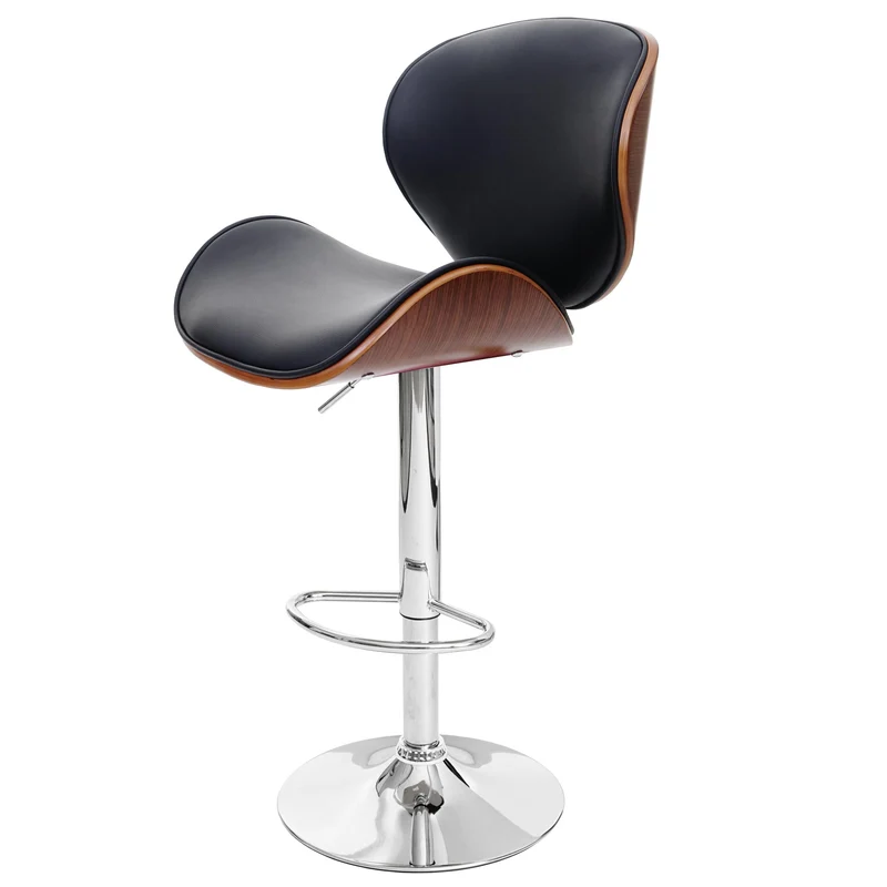 Tabouret de bar chaise de bar bois courbé design rétro aspect noyer PVC noir 04_0001218