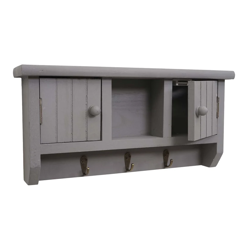 Porte-clés meuble d'entrée mural avec portes et étagère en bois massif gris 04_0002453