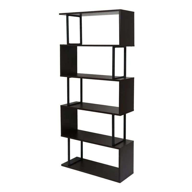 Bibliothèque étagère autoportante meuble de rangement structure 3D 183x80cm 5 niveaux marron foncé métal noir 04_0001322