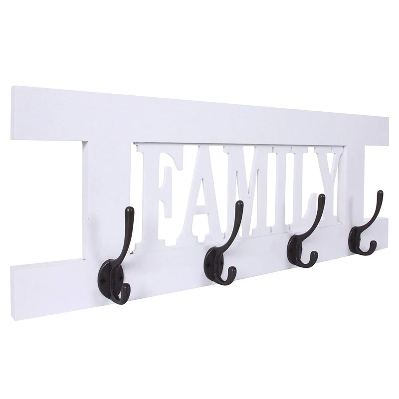 Porte-manteau mural patère en bois blanc avec 4 crochets 20,5x60x1,5 cm MED04064