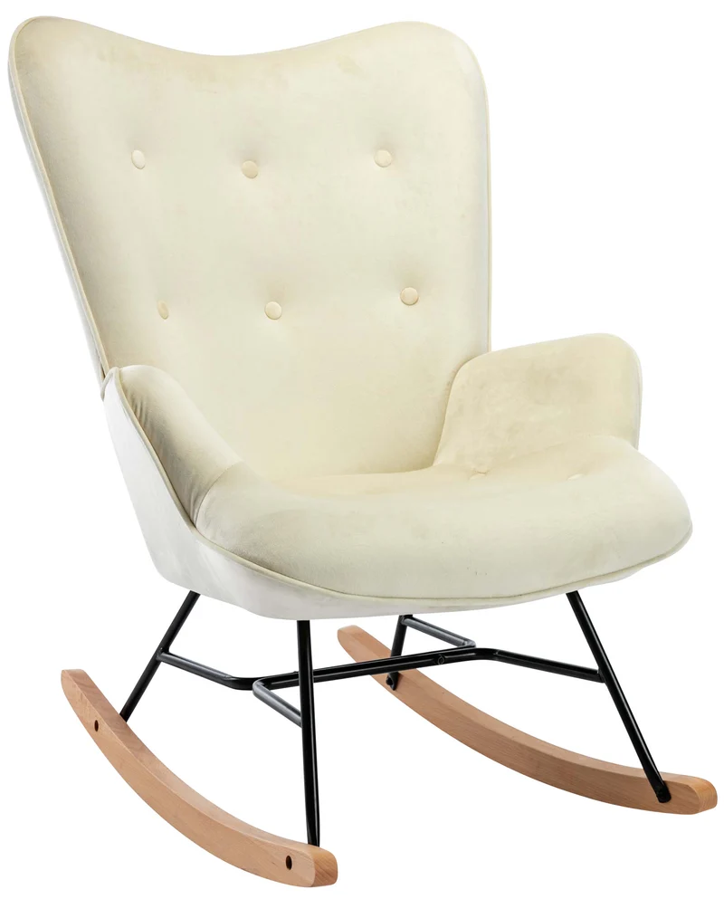Fauteuil à bascule rocking chair bouton décoratif en tissu velours crème confortable et design FAB10073