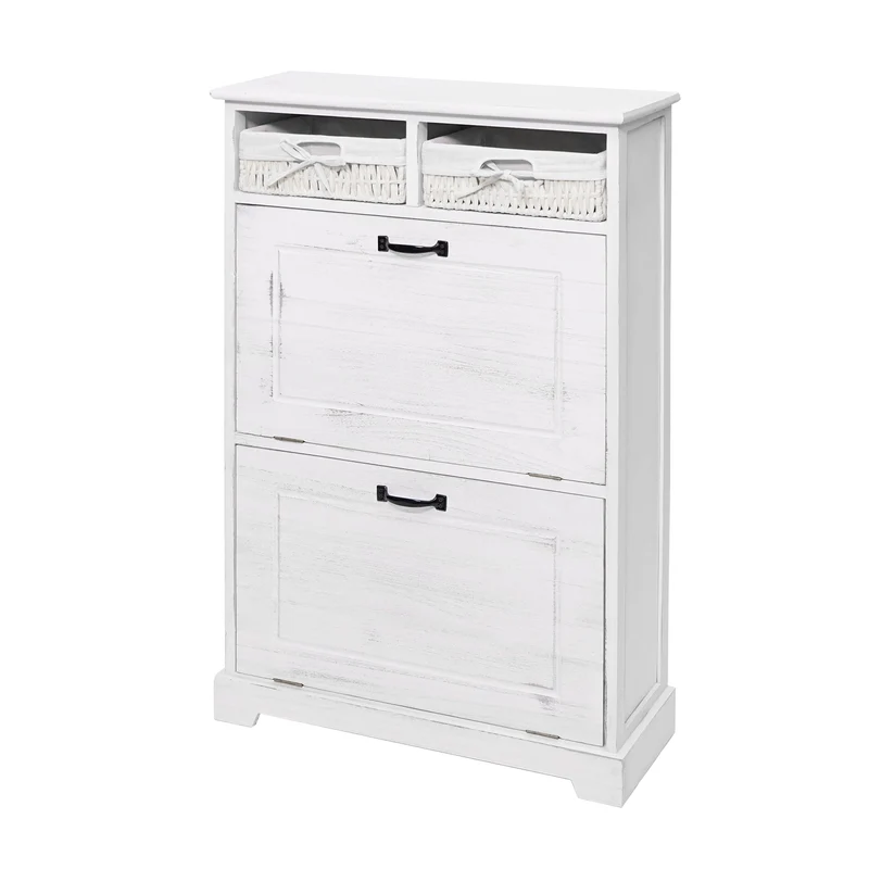 Meuble à chaussures étagère à chaussures avec paniers de rangement en bois massif aspect vintage 100x60x24cm blanc 04_0002449