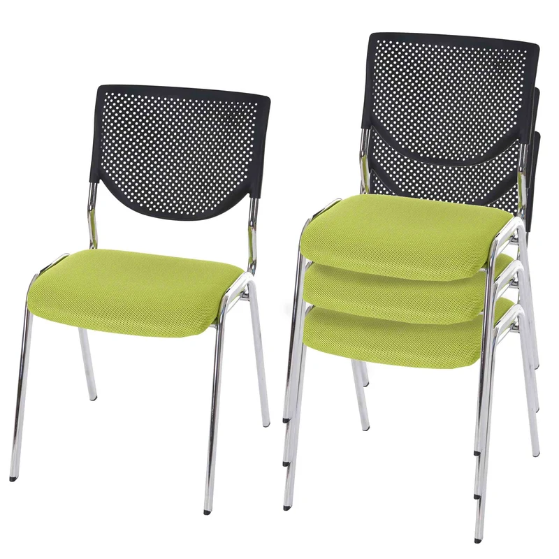 4x chaises visiteur fauteuil de bureau sans roulettes chaise de conférence empilable tissu vert pieds chromés 04_0000551