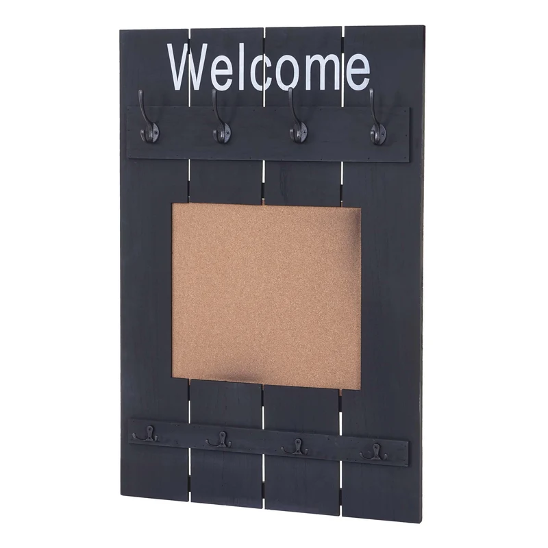 Porte-manteau mural panneau d'affichage style vintage avec 8 crochets 91x60cm en bois gris foncé vieilli 04_0001000