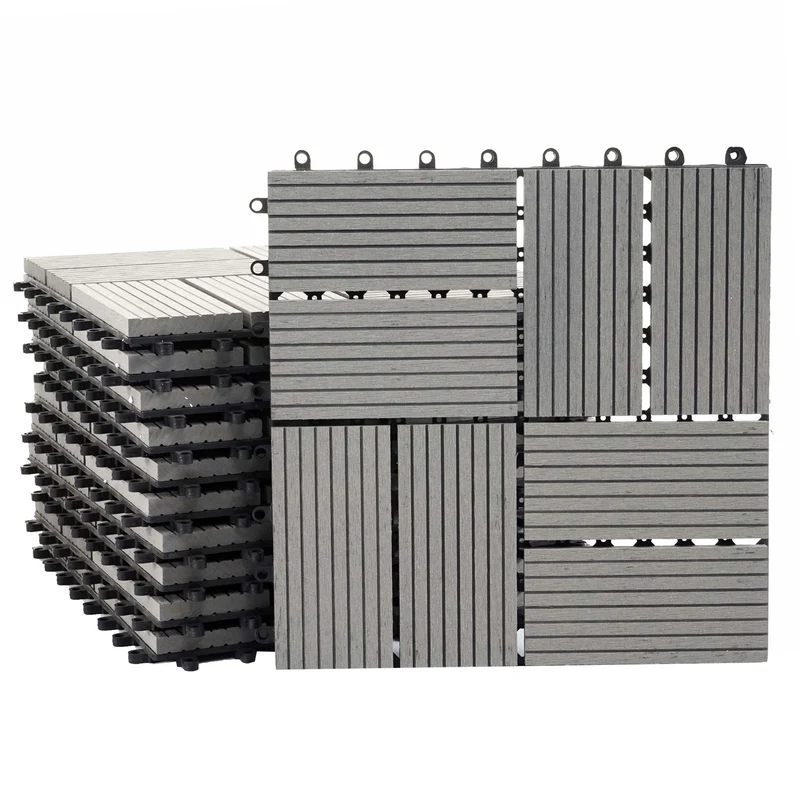 Set de 11 dalles de terrasse aspect bois WPC pour balcon jardin terrasse 30x30cm 1m² base gris carrés 04_0005496