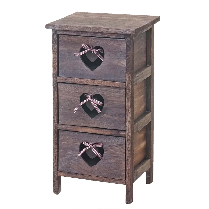 Commode petit meuble de rangement chevet 5 tiroirs avec motif coeurs 55x29x25cm style vintage marron 04_0002477