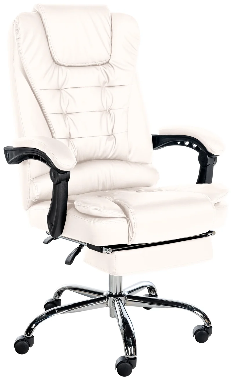 Fauteuil de bureau ergonomique généreusement rembourrée avec repose-pieds en PVC blanc et métal chromé 10_0002569