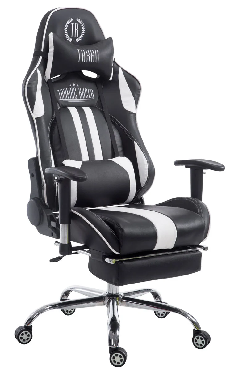 Fauteuil de bureau gamer avec repose-pieds extensible mécanisme de bascule en PVC noir / blanc 10_0002747