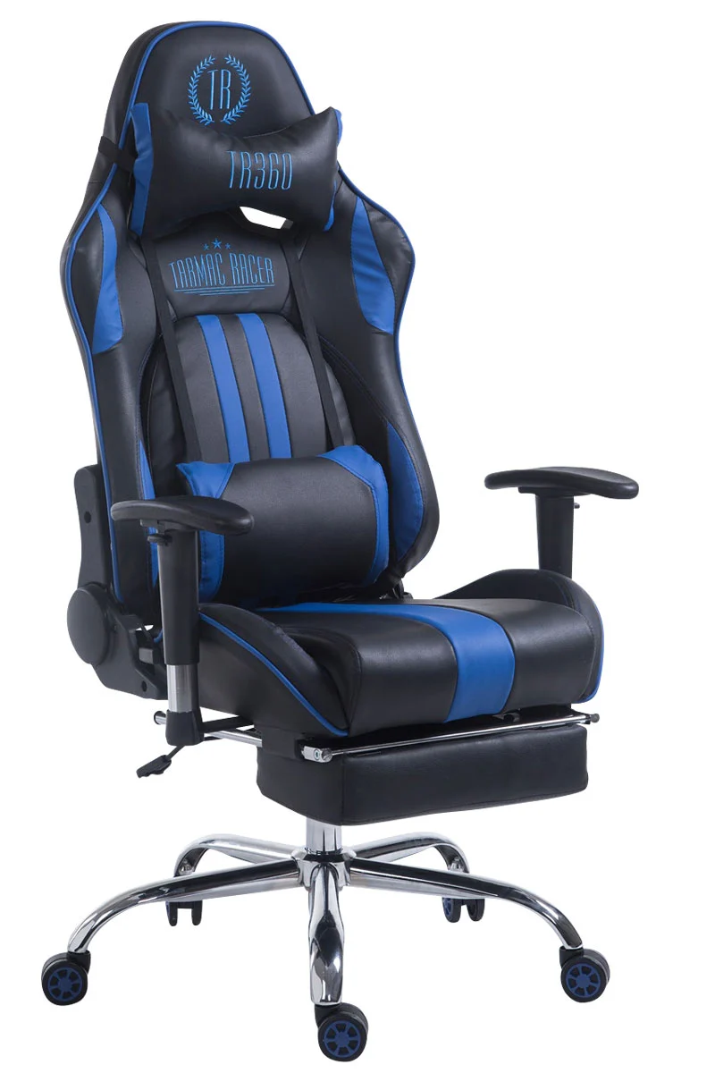 Fauteuil de bureau gamer avec repose-pieds extensible mécanisme de bascule en PVC noir / bleu 10_0002743