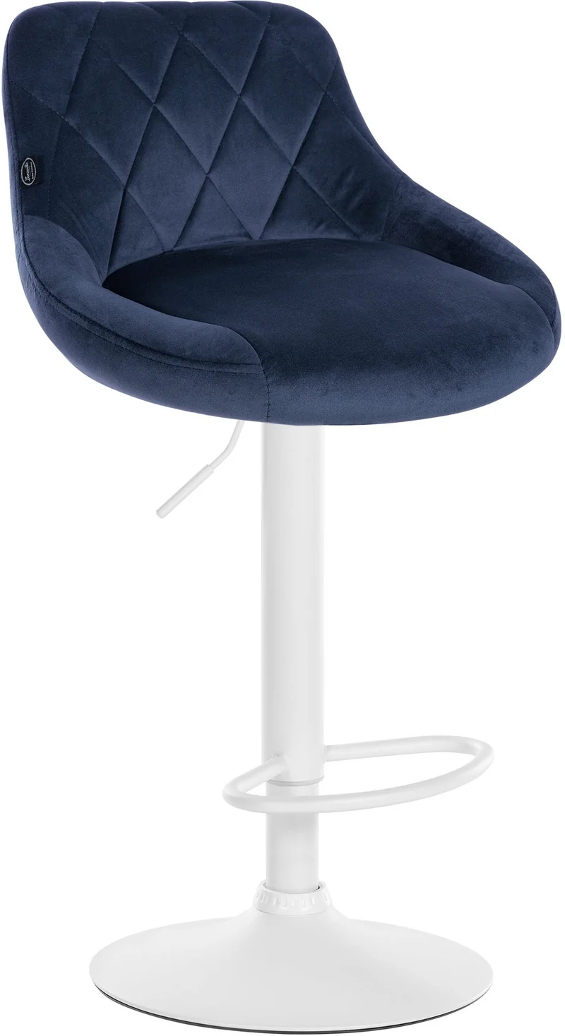 Tabouret de bar en velours bleu coutures décoratives pivotant support métal blanc TDB10658