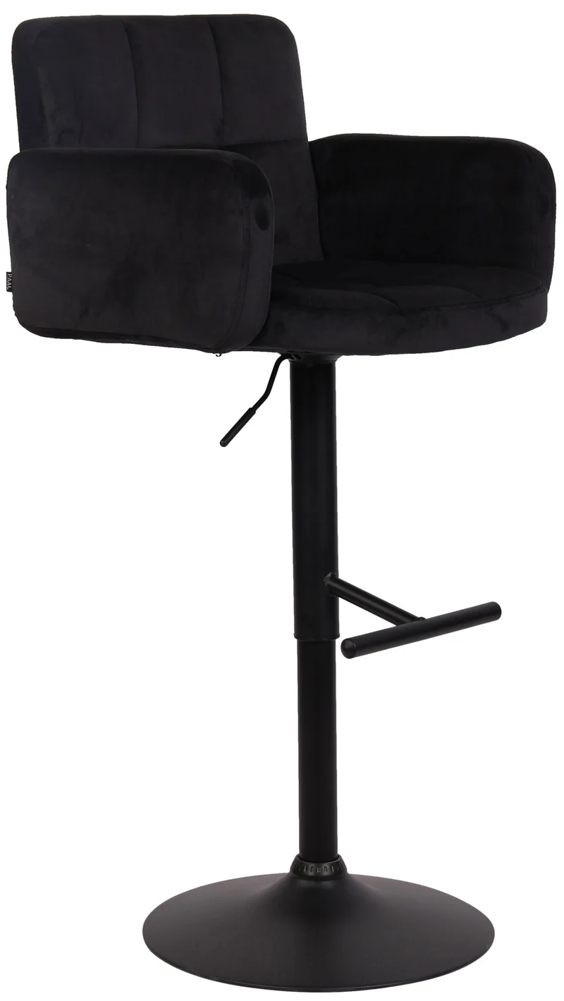 Tabouret de bar pivotant en velours noir et métal noir avec accoudoirs repose-pieds et dossier TDB10651