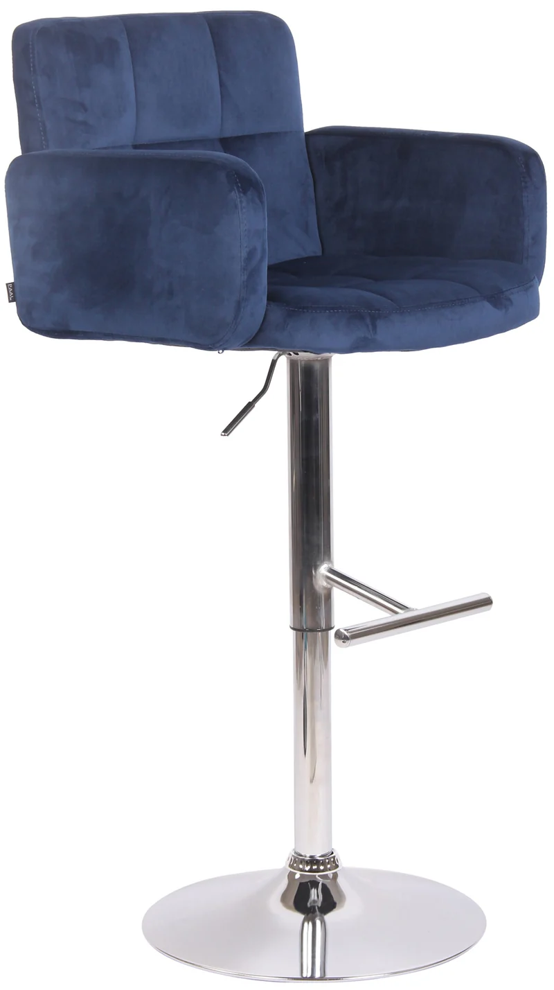 Tabouret de bar pivotant en velours bleu et métal chromé avec accoudoirs repose-pieds et dossier TDB10648