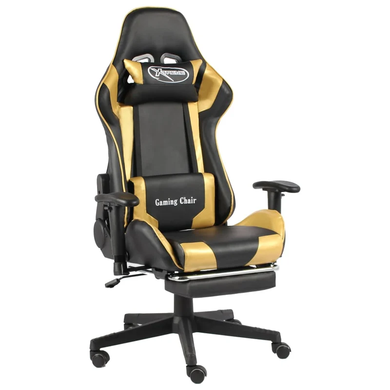 Fauteuil de bureau chaise gaming pivotante avec repose-pieds en PVC doré et noir DEC026024
