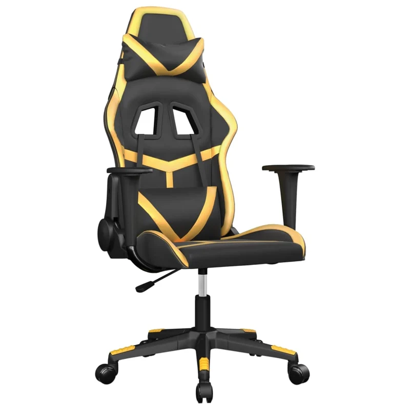 Fauteuil de bureau chaise gaming sur roulettes avec coussin lombaire en PVC noir et doré DEC025905