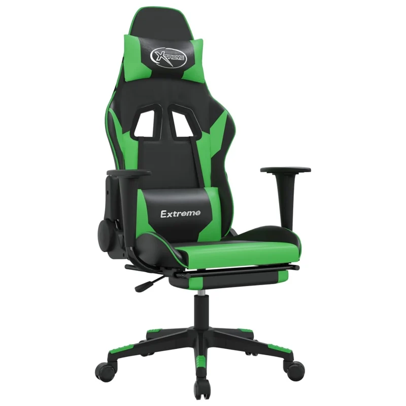 Fauteuil de bureau chaise gaming fonction de massage avec coussin lombaire et repose-pieds en PVC noir et vert DEC025882