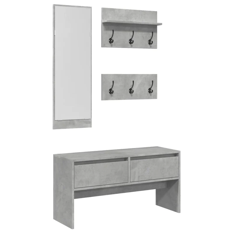 Ensemble de meubles de couloir 4 pièces miroir pote manteaux et banc en bois ingénierie couleur gris béton DEC024968