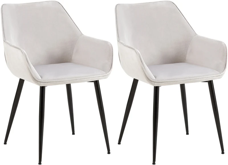 Set de 2 chaises de salle à manger avec accoudoirs en tissu velours gris clair et pieds en métal noir 10_0001583