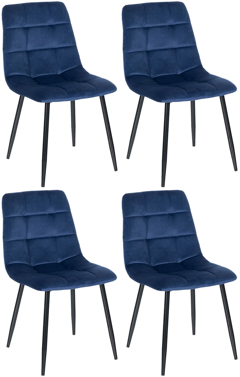 Lot de 4 chaises de salle à manger coutures décoratives carrées en velours bleu et métal noir 10_0001775