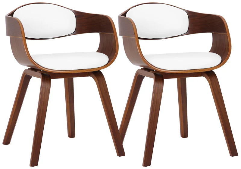 Lot de 2 chaises de salle à manger bureau design retro en PVC blanc structure en bois couleur noyer 10_0001714