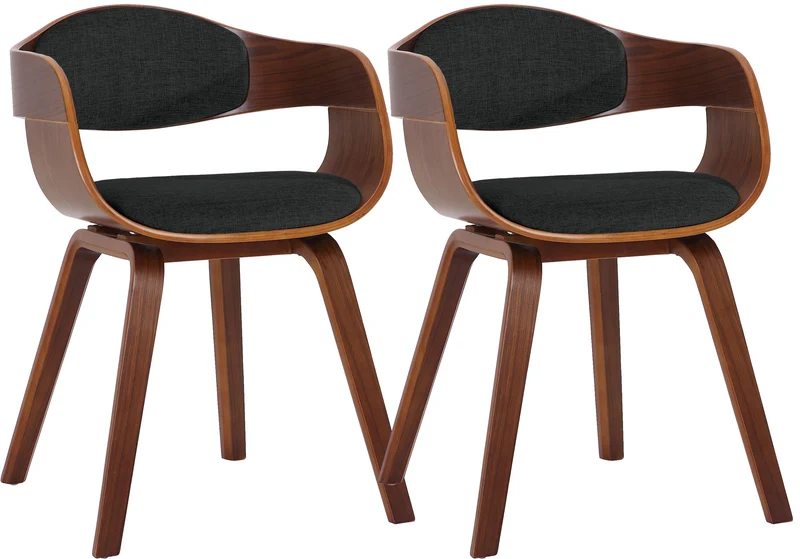 Lot de 2 chaises de salle à manger design retro structure en bois couleur noyer assise en tissu noir 10_0001729