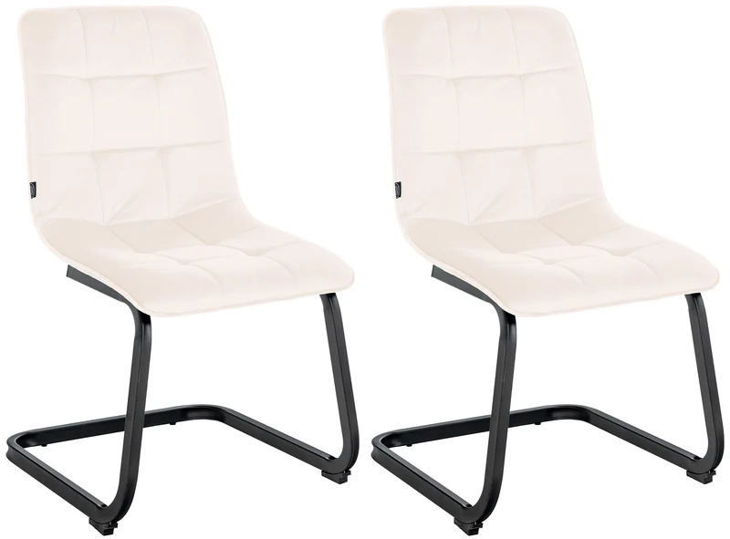 Set de 2 chaises de salle à manger coutures décoratives carrées en velours crème et pieds luge en métal noir 10_0001578